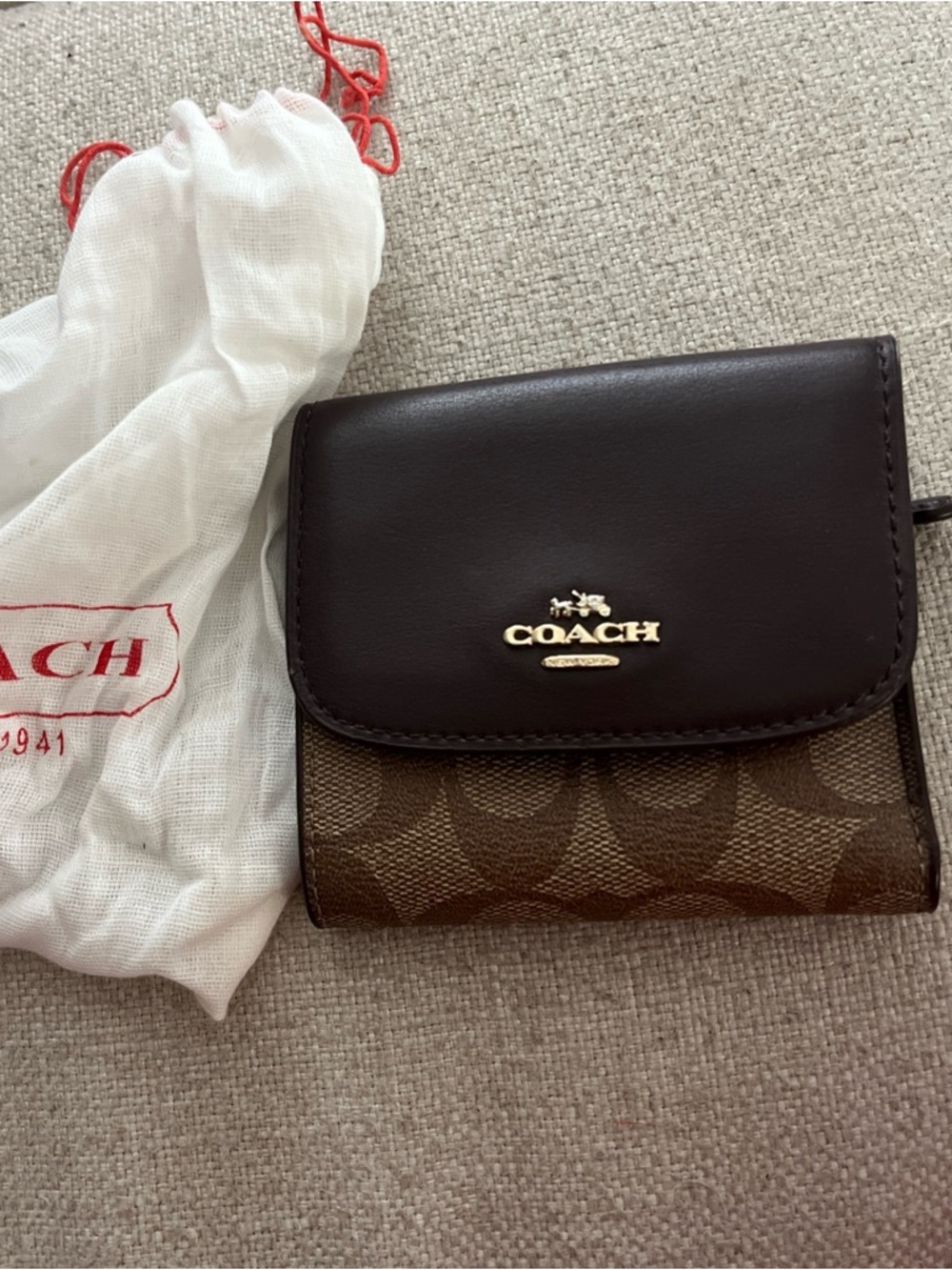 Coach signature small trifold wallet brown leather signature c canvas vinyl